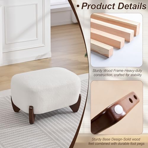 Image of WUTUTUEE 28.7 inch Sherpa Boucle Ottoman with Solid Wood Legs, Modern Upholstered Footstool, Comfy Ottoman for Living Room, Bedroom, White