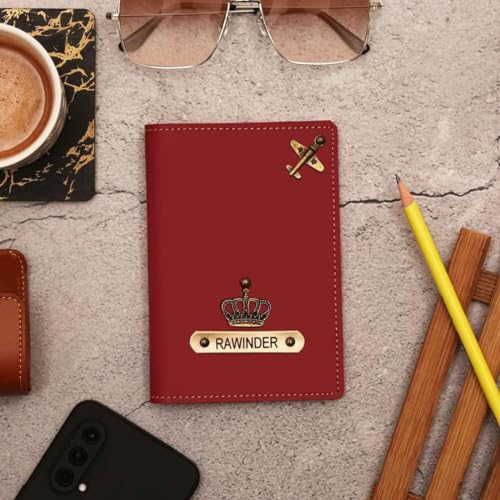 Image of Personalized Passport Cover with Name & Charm, Tan Travel Passport Holder for Men & Women, Premium Leatherette Case for Documents & Cards (Wine)