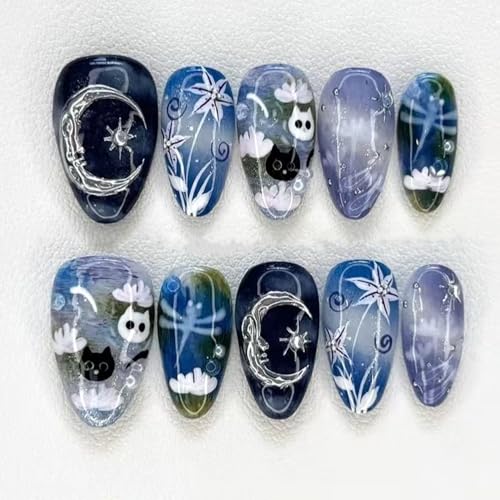 30Pcs Blue Black Press on Nails Medium Almond Moon Fake Nails Full Cover