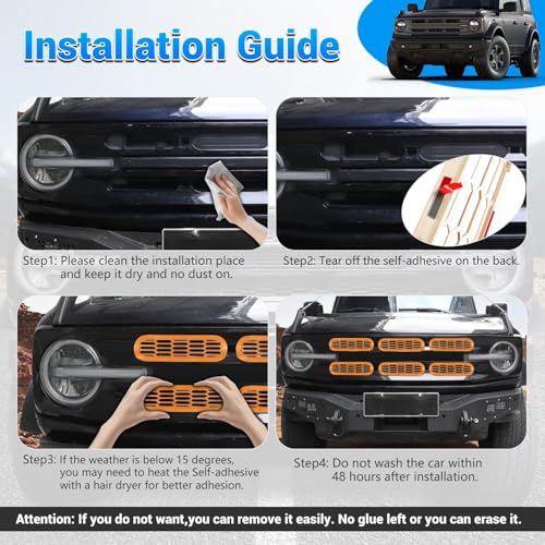 Image of Front Grill Mesh Grille Inserts Cover Frame, Front Bumper Inserts Grill Guard Clip-on Decoration Accessories for Ford Bronco Offroad 2 /4 Door 2021 2022 2023 2024 2025 (Yellow)