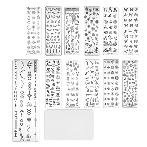 13PCS Nail Art Plaques avec Grattoir Feuilles Fleurs Animaux Modèles Manucure Modèle Outils pour Ongles Décoration Professionnel DIY Salon