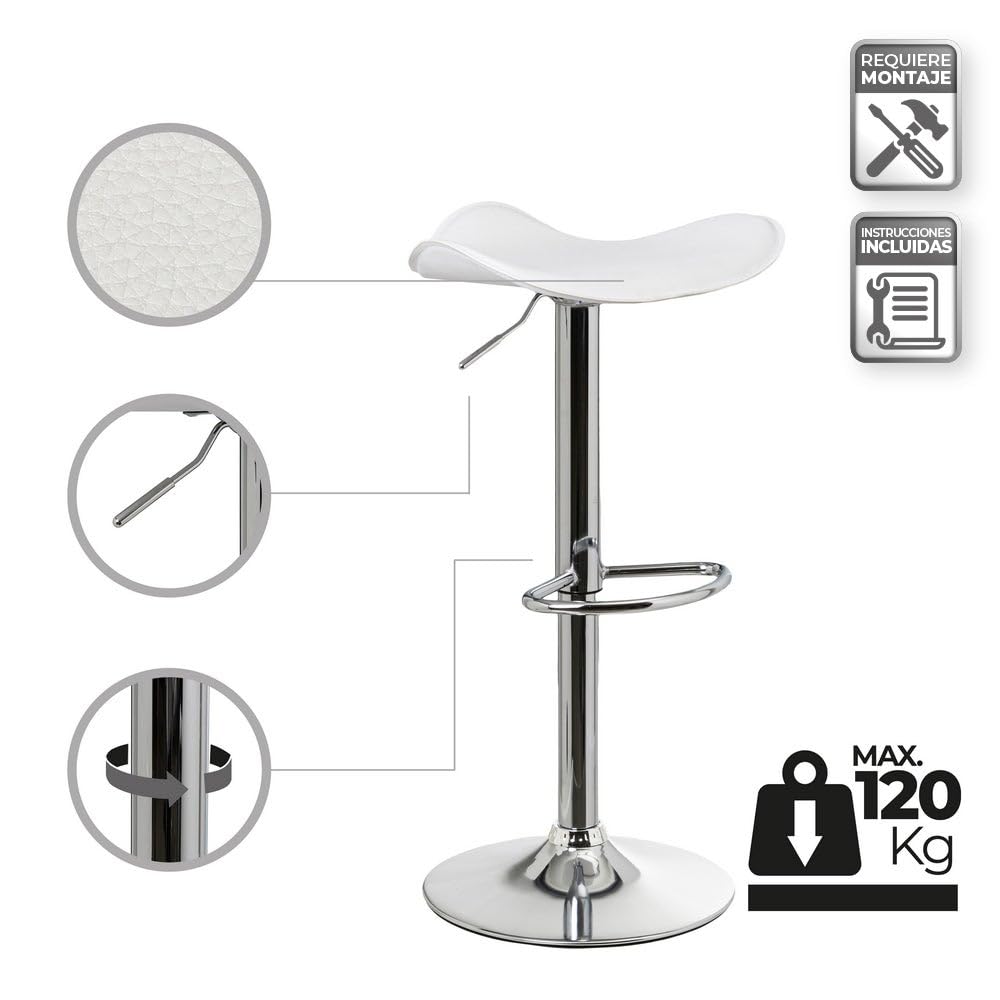 LOLAhome - Set de 2 Taburetes de Cocina Giratorios en 360°, Juego de Sillas de Bar Regulables en Altura de 73 a 83 cm, Estructura Metal y Reposapiés, Blancos