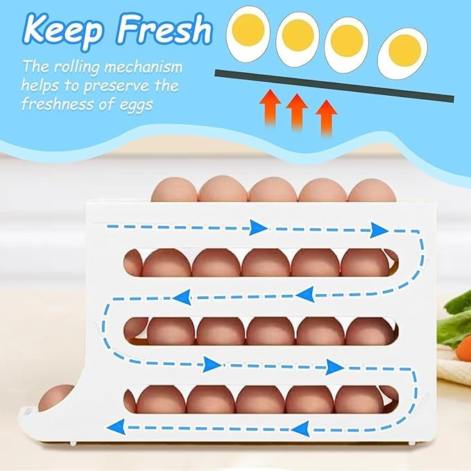 Image of 30 -Egg Holder Organiser With Automatic Rolling Dispenser For Refrigerator| Kitchen| Hotel, With Multi-layer Storage Rack. (White)