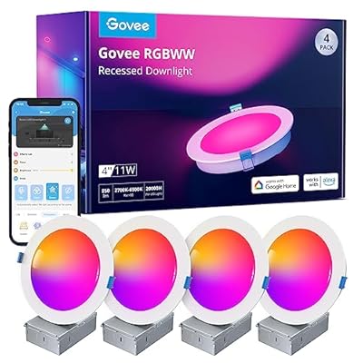 Govee Smart Recessed Lighting 4 Inch, Wi-Fi Bluetooth Direct Connect RGBWW LED Downlight, 65 Scene Mode, Work with Alexa & Google Assistant, LED Recessed Lighting with Junction Box, 850 Lumen, 4 Pack