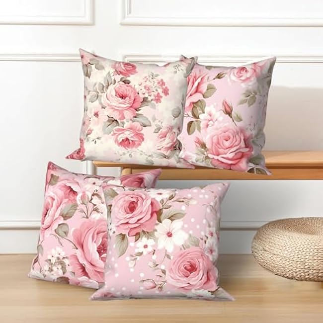 4 Pcs/Set Floral Pillow Covers Pink Rose Flowers Green Leaves Vintage Watercolor Blooming Plants Romantic Valentine Throw Pillow Covers for Outdoor Couch Sofa Bedroom Decor, 16x16