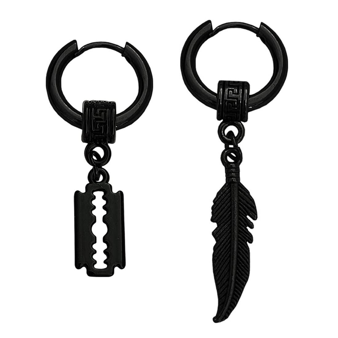 m men style Men Razor Blade Feather Ring Long Chain Titanium Steel Black Stainless Steel Hoop Earrings For Men And Women-picture-11