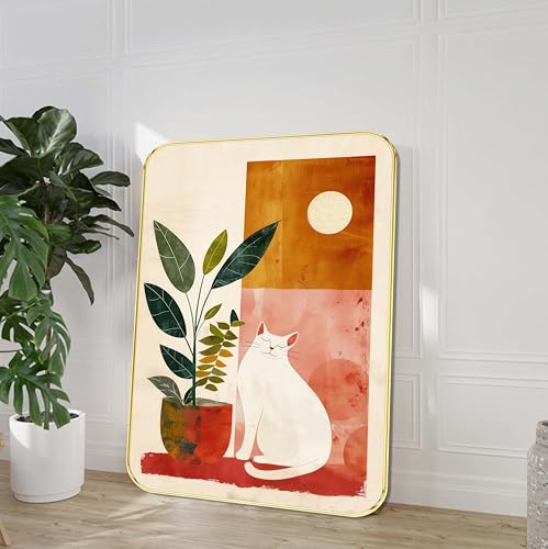 Livin'luxe Boho Cat and Plant Wall Art | Abstract White Cat with Pot Plant & Sun Modern Painting | Framed Art for Living Room, Kids Room | Minimal Aesthetic Decor (13.5 Inch x 19.5 Inch) MG01-260