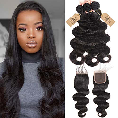 Wiggins Hair Body Wave Virgin Hair With Closure 3 Bundles Brazilian Body Wave With Lace Closure Free Part 4x4 Lace Closure(18 20 22 w 16)