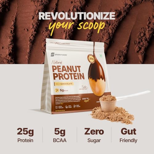 Image of SparkFusion Natural Peanut Protein Isolate - Flavor - 25g Protein, 5g BCAA, Zero Sugar, Gut-Friendly, Vegan, Lab-Tested, No Artificial Additives (1 kg (Pack of 1), Rich Chocolate)