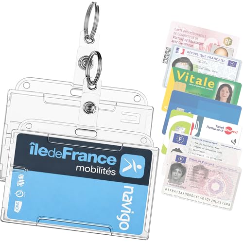 LOT 2 ÉTUIS PORTE-CARTE RIGIDE & TRANSPARENT AVEC PORTE CLÉ POUR BADGE CARTE VTC PASS NAVIGO BANCAIRE VITALE PERMIS DE CONDUIRE CARTE DE CONDUCTEUR MUTUELLE...