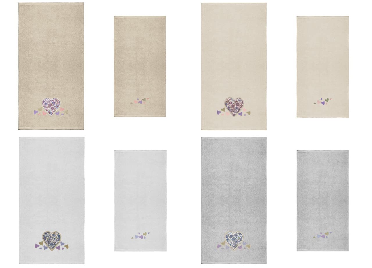 Set Asciugamani Da Bagno Con Ricamo Cuore - Tinta Unita Panna E Grigio - Foto 2