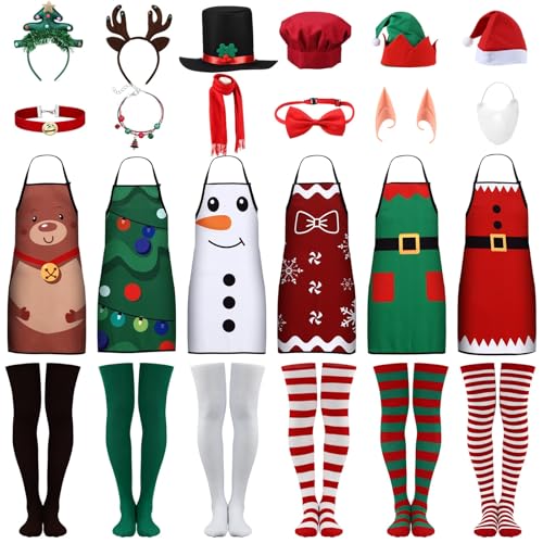 Image of Civaner 24 Pcs Christmas Apron Costume Accessories for Women Christmas Hats Headbands Scarf Elf Ears Necklace Socks Santa Snowman Elf Reindeer for Xmas Party Cosplay