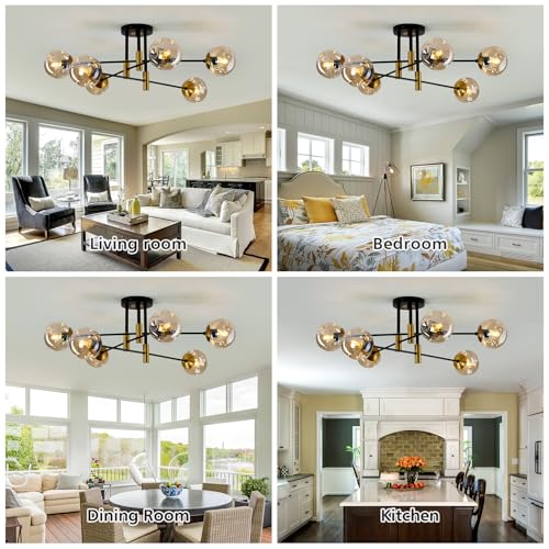 Image of 6-Lights Sputnik Ceiling Light Fixture Mid Century Modern Glass Globe Flush Mount Chandelier Black and Gold Farmhouse Lighting for Living Room Dining Room Bedroom Kitchen