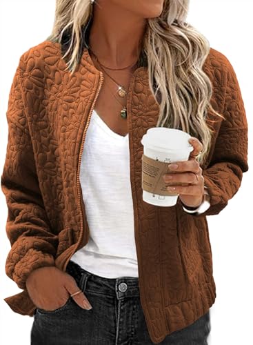 EVALESS Spring Jackets for Women Dressy Casual Summer Clothes Trendy 2025 Teacher Outfits Cute Jacquard Bomber Jackets Long Sleeve Zip Up Cropped Brown Jeacket Lightweight Coat with Pockets, Medium