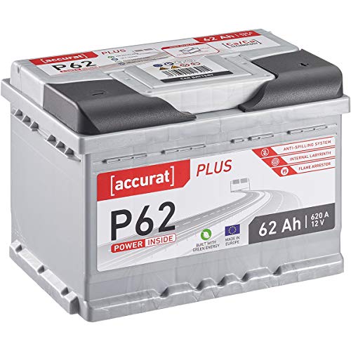 Accurat Plus P62 Autobatterie - 12V, 62Ah, 620A, zyklenfest, wartungsfrei, 35% mehr Startleistung, Ca-Technologie, Kaltstartkraft - Starterbatterie, Nassbatterie, Blei-Säure Batterie