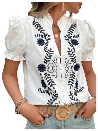 SweatyRocks Women's Puff Sleeve Floral Blouse Embroidered V Neck Button Down Shirt Vacation Top