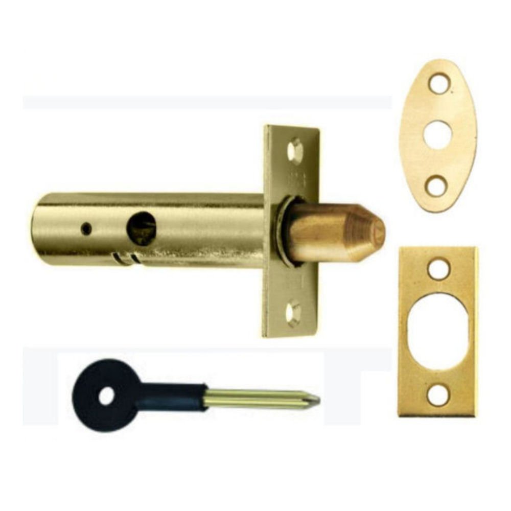 Polished Brass - Security Rack Bolt / Star Door Lock 60mm Long + Key