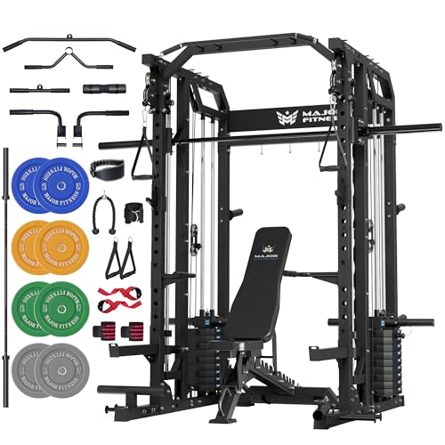 Image of Major Fitness Drone2 Advanced Training Smith Machines- All-in-One Home Gym Squat Rack with Aluminum Pulley Set , Weight Bar, Dual LAT Pull-Down Systems & Cable Crossover Machine for Full-Body Workouts