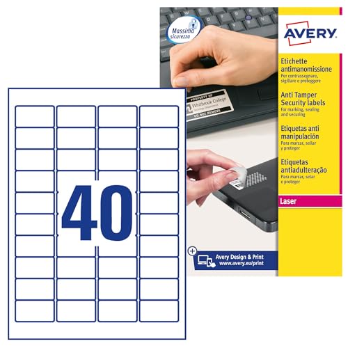Avery L6145-20 Extra-Strong Adhesive NoPeel Permanent Labels, 40 Labels Per A4 Sheet