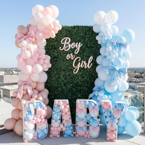 Image of HILAVO Pink and Blue Balloons, 60PCS 12 Inch Pastel Baby Pink and Blue | Gender Reveal Balloons Bow Print Balloon for Boy or Girl Gender Reveal Decorations Bear Bow Baby Shower Party Decoration