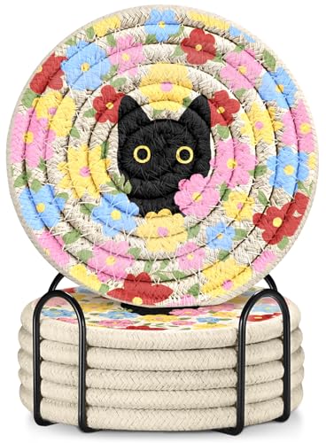 Kokaaee Drink Coasters Set of 6 - Cup Absorbent Coasters for Drinks Coffee Table Home Office Desk Decor Soft Woven Cotton Cloth Braided Fabric Drinking Cup Mat with Holder Cute Cat Flower