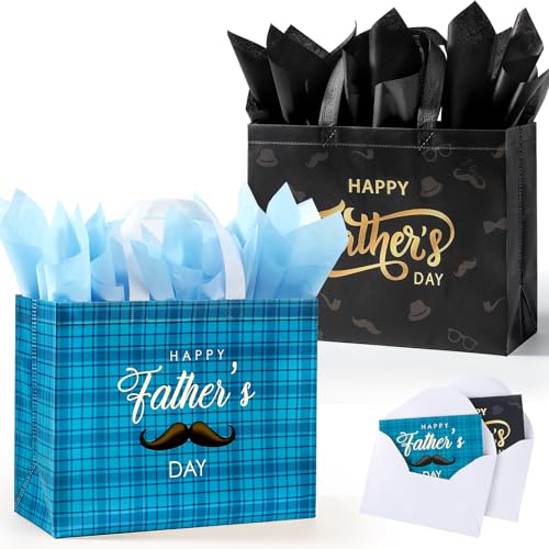 YANGTE 2 Pack 13 Large Fathers Day Gift Bags with Tissue Paper Reusable Non-Woven Fathers Day Bags with Handle for Best Men Funny Dad Gift Wrap Bags for Presents Fathers Gift with Cards for Papa