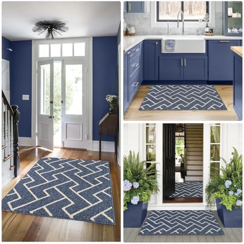 hicorfe Indoor Doormat,Front Back Door Mat Rubber Backing Non Slip,32"x48"Large Absorbent Resist Dirt Entrance Doormat Inside Floor Mats for Entryway Washable Low-Profile(Blue) - 2