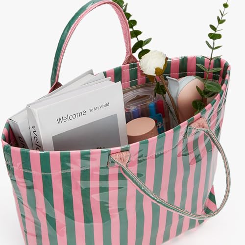 Image of Lushandy Striped PVC Tote Bag for Women, Waterproof Plastic Tote Bag for Beach Pool Large Top Handle Travel Hobo Handbag | Waterproof Material