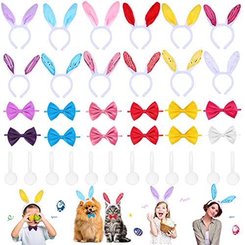 36 Pcs Easter Bunny Ears Headband Tail Bow Tie Set Bulk Plush and...