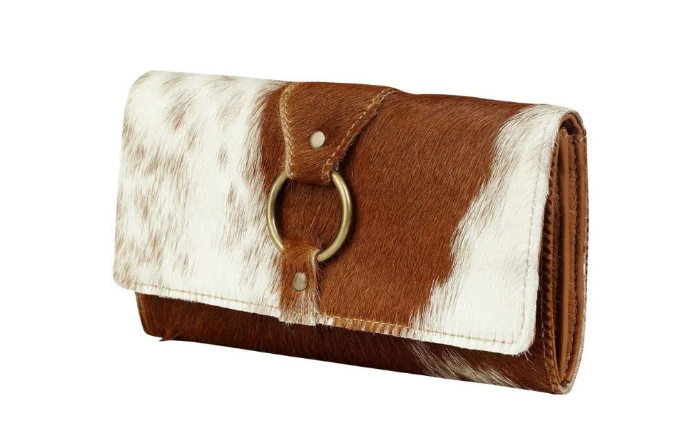 Image of Myra Bag Crocheted Cowhide Wallet - 7.5x4 Cow Print Wallets for Women, Brown and White Clutch, Long, Leather, Western Cowprint, Boho Style, Country Stuff, Cowgirl Gifts for Women, Mom, Sister, Aunt