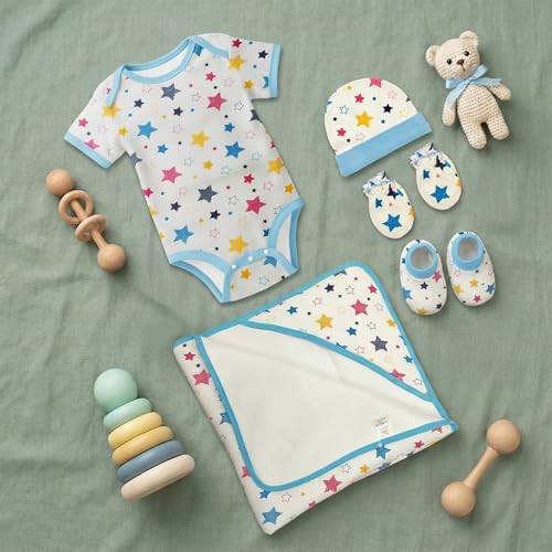 Image of TINYLANE - Curated For You! Newborn Baby Gift Set, 100% Cotton, Star Print, 0-6 Months, Bodysuit with Cap, Mittens and Double Layer Blanket, Newborn Baby Essentials, Baby Hamper for New Born