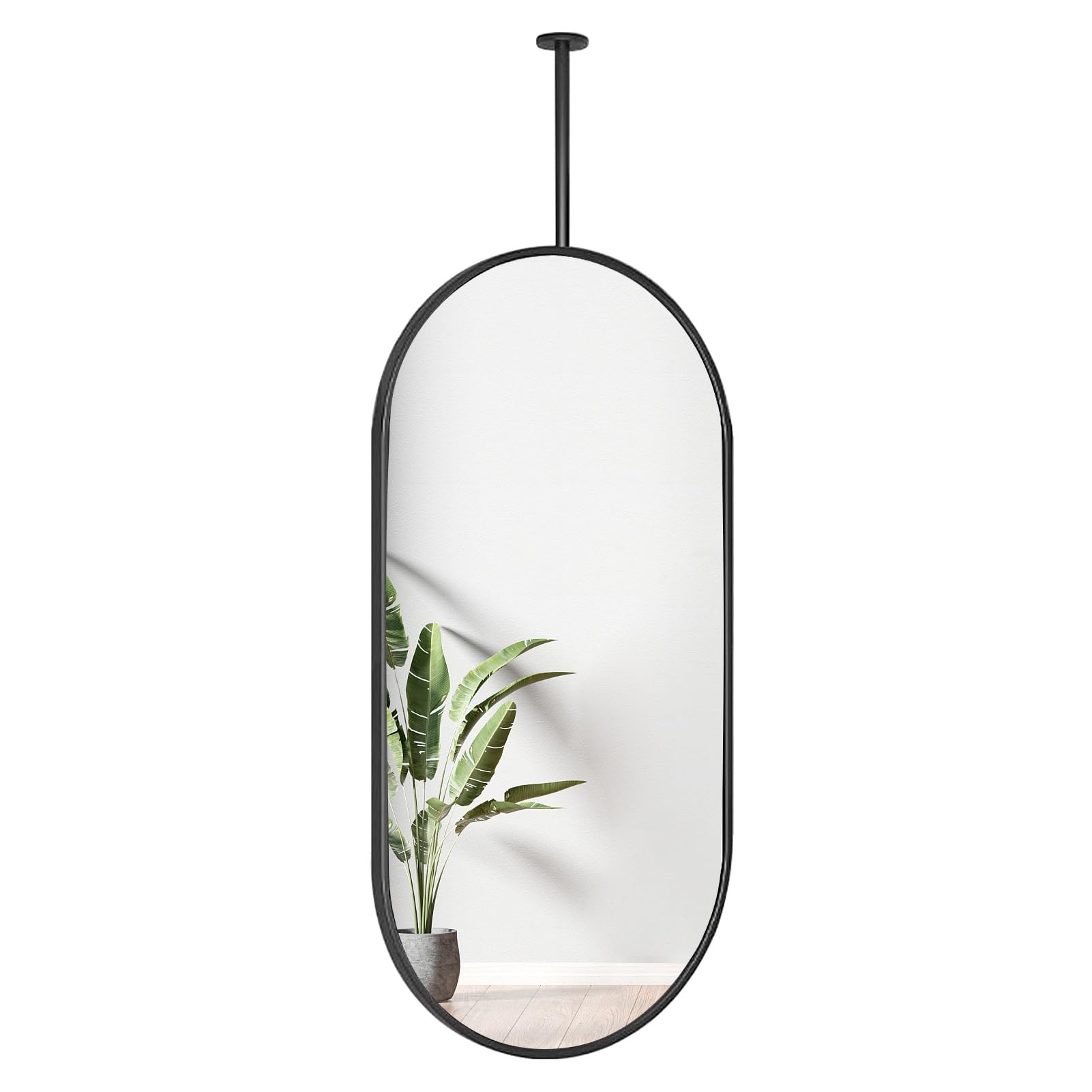 BKSXSOP Customizable Oval Ceiling Hanging Mirror with Black Metal Frame - Decorative Vanity Makeup for Bathroom Wall, 50cm x 70cm, Stylish Home Decor Accent