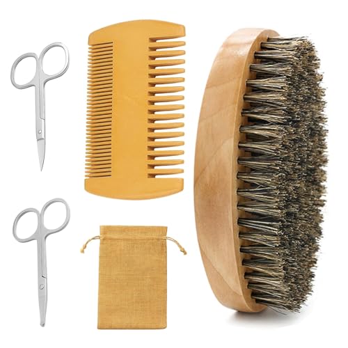 5-Piece Grooming Kit with Boar Bristle Beard Brush, Beard Comb, Beard Brush for Men, Nose Hair Trimmer, Eyebrow Scissors, and Storage Pouch, Ideal for Daily Care and Travel