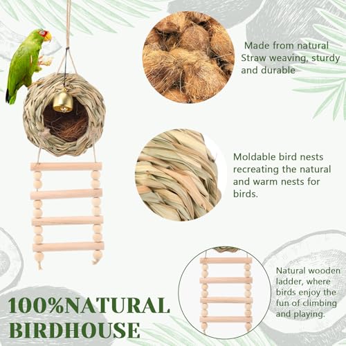Image of Briwooody Hanging Bird Nest for Cage with Ladder Bell Natural Coir Fiber, Grass Hand Woven Hummingbird Finch House for Outside Breeding Nest Parakeet Bed for Budgie Canary Parrot Patio Lawn Garden