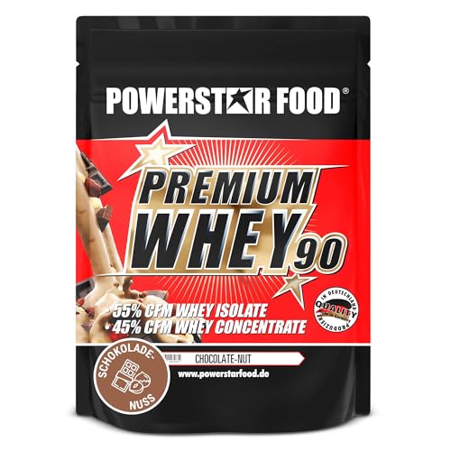Powerstar PREMIUM WHEY 90 | 90% Protein i.Tr. | Whey-Protein-Pulver 850 g | Made in Germany | 60% CFM Whey Isolat & 40% CFM Konzentrat | Eiweiß-Pulver zum Muskelaufbau | Chocolate Nut