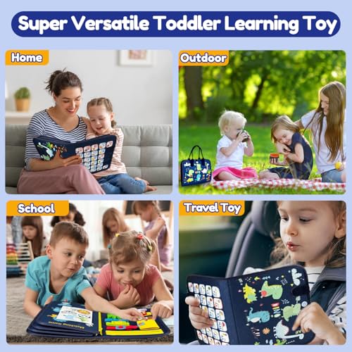 Image of Qizfun Toddler Busy Board Montessori Toys - Sensory Busy Book, Educational Learning Travel Toy for Airplane & Car, Keeps Toddlers Entertained, Birthday Gifts for Toddler Boys Girls (Blue /P8)