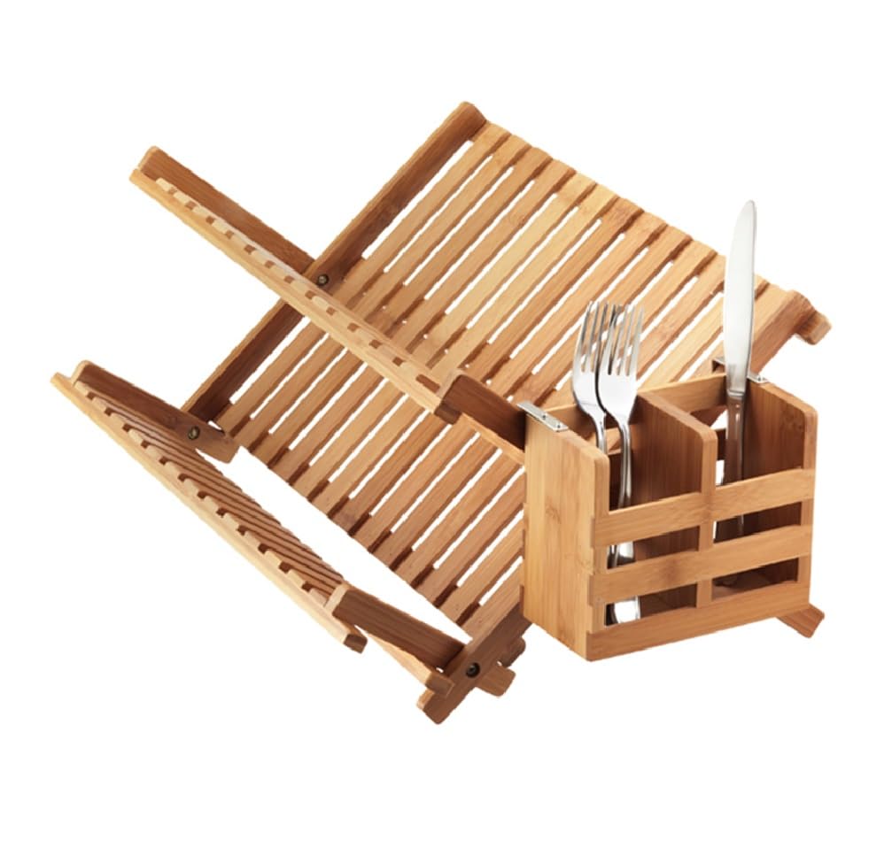 Homion Natural Dish Drainer Drying Rack Folding 2 Tier Drainer Dish Drying Rack With Cutlery Holder Utensils Holder Set Engineered Wood X-Shape Easily Foldable Compact And Space Saving Tidy Plates