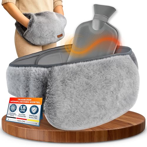 Wärmflaschengürtel - 1,5L Grau Wärmflasche mit Gürte, Plüsch Wärmflasche mit Bezug für Nacken und Schulter, Gegen Regelschmerzen und Rücken,...