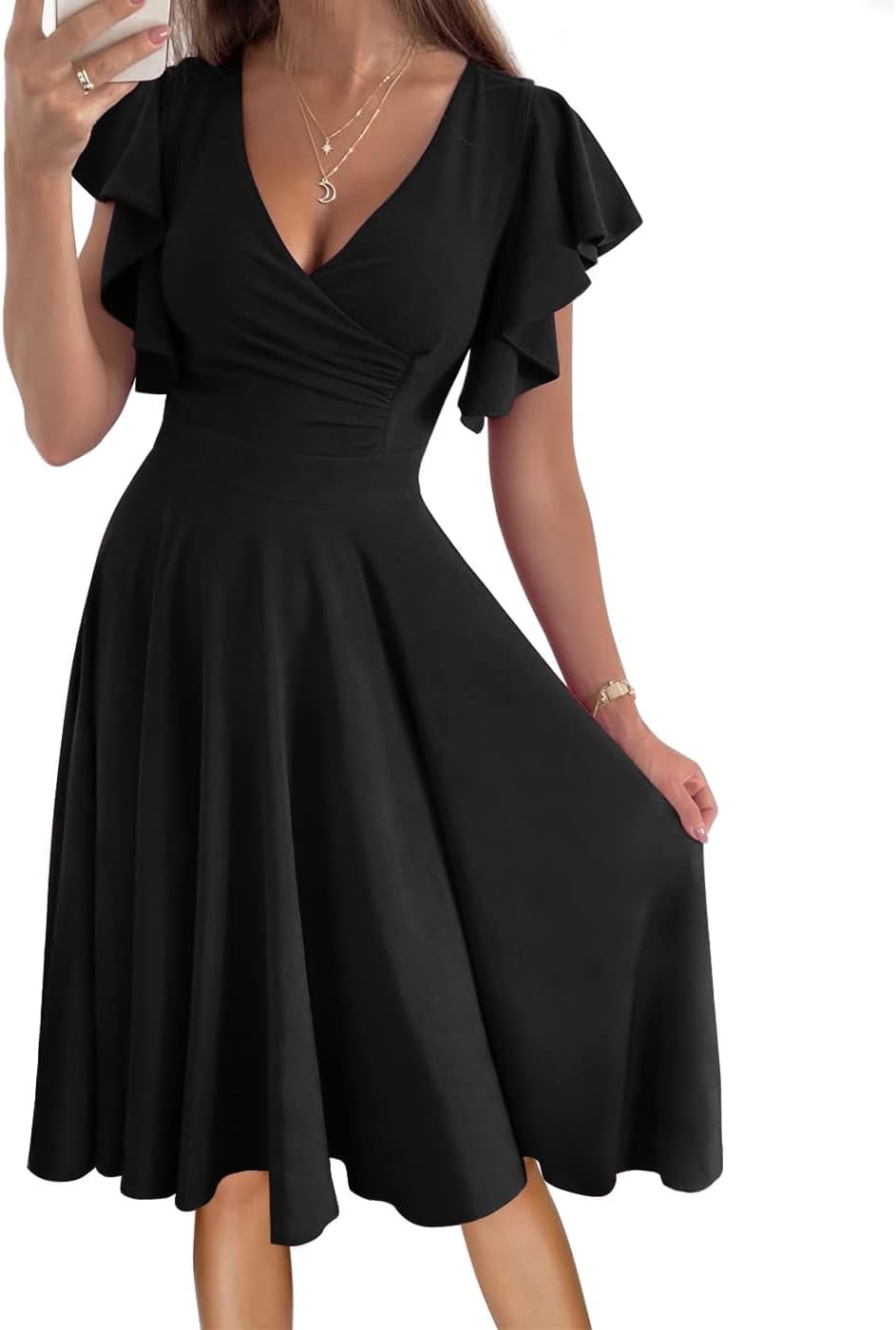 Womens Cocktail Dress V Neck Ruffle A Line Midi