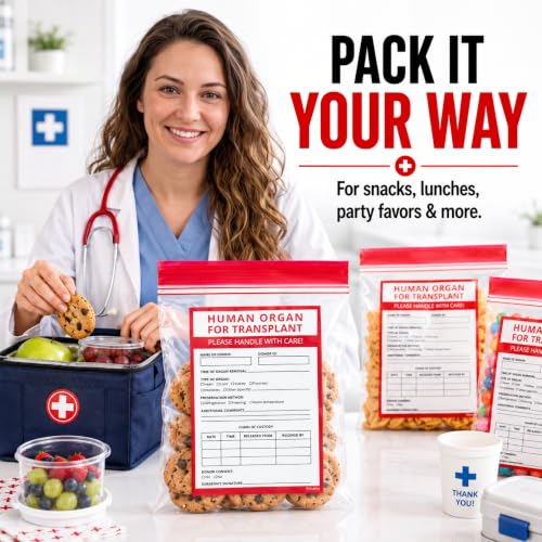 Image of Funny Human Organ Bags, 50 Pack, Organ Donor Bags & Medical Party Favors | Organ donation & transplant bags for bulk healthcare events, doctor parties and candy; BPA-free, food-grade, 7 x 9 in.