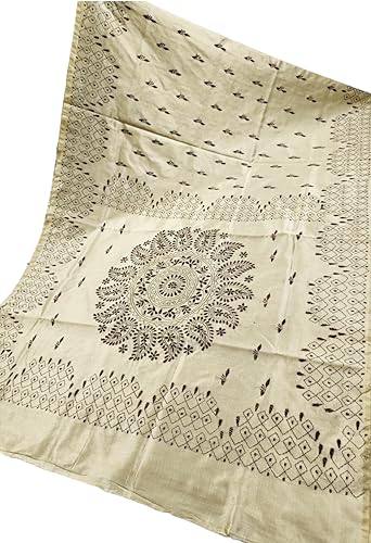 Image of SHRISTI CLOTHINGS Women's Hand Embroidered Cotton Silk Kantha Stitch Saree with Blouse Piece (J420824 BEIGED64)