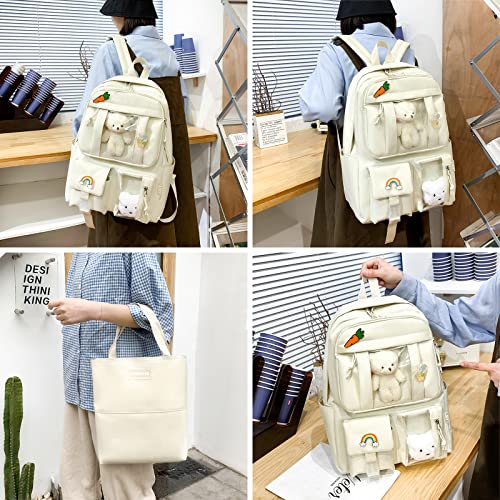 Kawaii 5PCS Backpack Set for Girls with Cute Bear Accessories - School Bookbag, Shoulder Bag, Handbag, Pen Pouch & More - Perfect for Student Back to School Supplies, Off-White3