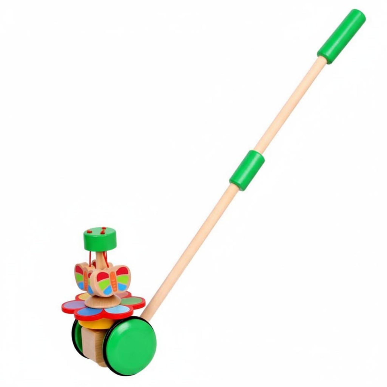 Encourages Walking Push and Pull Learning Toy Polished Edges Baby Learning Stroller Colorful Design Toddler Push Cart with Stick Paint for 1 Year Olds, Toddlers, Babies, Green, Butterfly-image-3