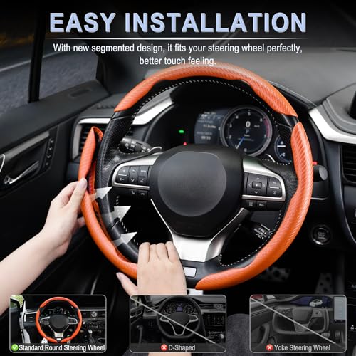 Image of Amiss 3pcs Carbon Fiber Anti-Skid Steering Wheel Cover, Waterproof & Segmented Butterfly Design, Universal 99% Vehicle Wheel Cover Protector, Car Interior Accessories (Orange-3pcs)