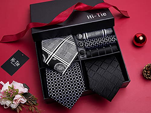 Image of Hi-Tie 3 Pcs Gift Box Mens Tie Set Necktie with Pocket Square Cufflinks Lapel Pin Silk Neck Tie Collection