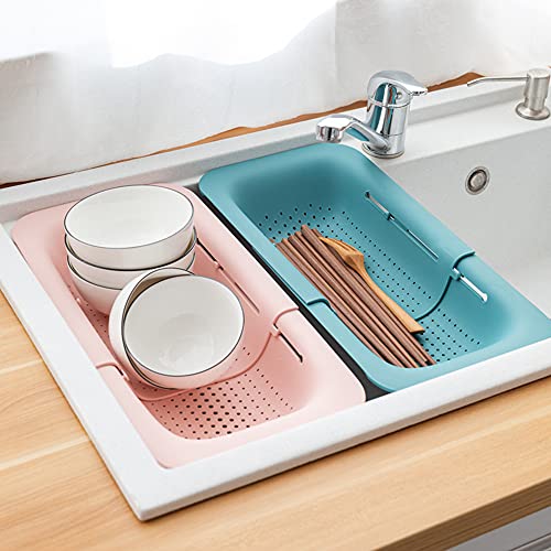 Image of Sink Colanders and Strainers Basket Retractable Plastic Fruit Vegetable Strainer Drainer Basket for Kitchen (Length 14.3 inch-19.4 inch) (Pink)