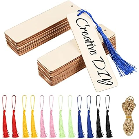ZEFAN 61pcs DIY Wooden Craft Bookmarks Set,30pcs Rectangle Shape Blank Bookmark with Holes+ Sisal Rope+30pcs Multiple Colour Tassel for Wedding Birthday Party Decor Cover