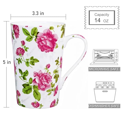 Taza alta de café Bone China floral 14 oz blanca-rosada miniatura 2