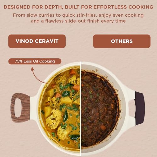 Image of Vinod Ceravit Ceramic Deep Kadai with Glass Lid 24 cm (2.4 Litre) | Non Stick Cookware | PFAS & PFOA Free | Patented NMAC Natural Ceramic Coating | Metal Spoon Friendly | Gas & Induction Compatible