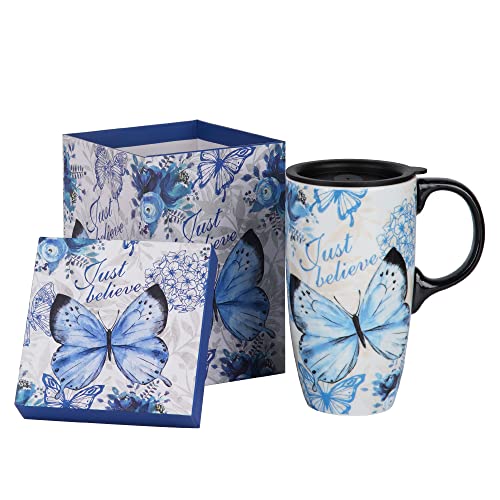 DUSVALLY Ceramic Mug Tall Coffee Cup with Lid, Handle and Gift Box Latte Mug 17oz,Blue Butterfly, Large